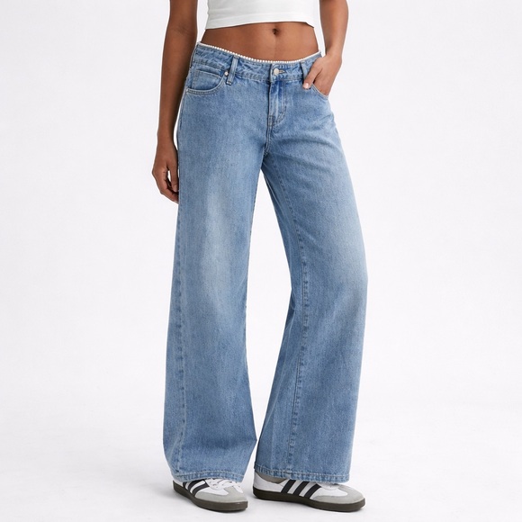 Ptcl Denim - PTCL Pearl Waist Wide Leg Jeans 26 Low Rise Y2K Denim Cotton Blue